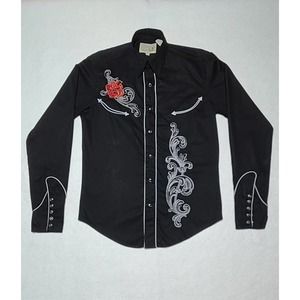 Roper Mens Western Embroidered Pearl Snap Shirt size S Black Smile Pocket Floral